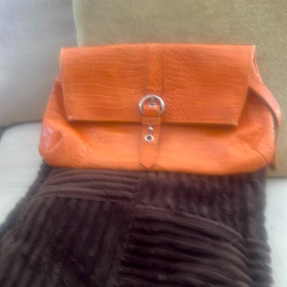Cecconi Piero Italy Orange Leather Clutch Handbag Crocodile Fold Over Wallet/bag